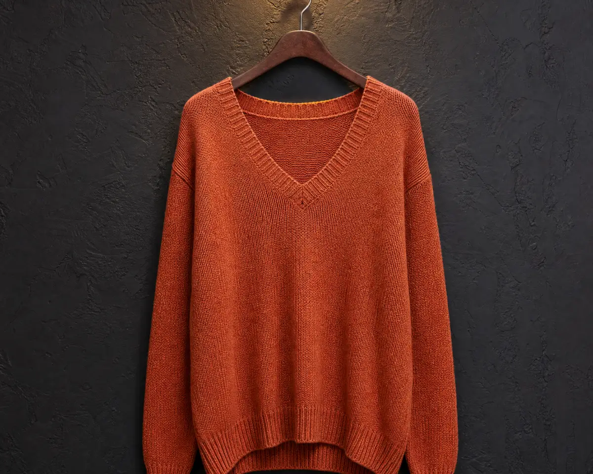 Jersey de cuello de pico color terracota con puños y bajo de canalé, colgado en una percha